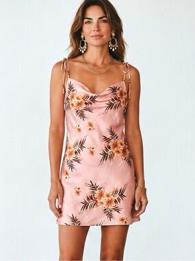 LPA Cowl Mini Slip Dress Tropic Bouquet Pink Floral Satin.